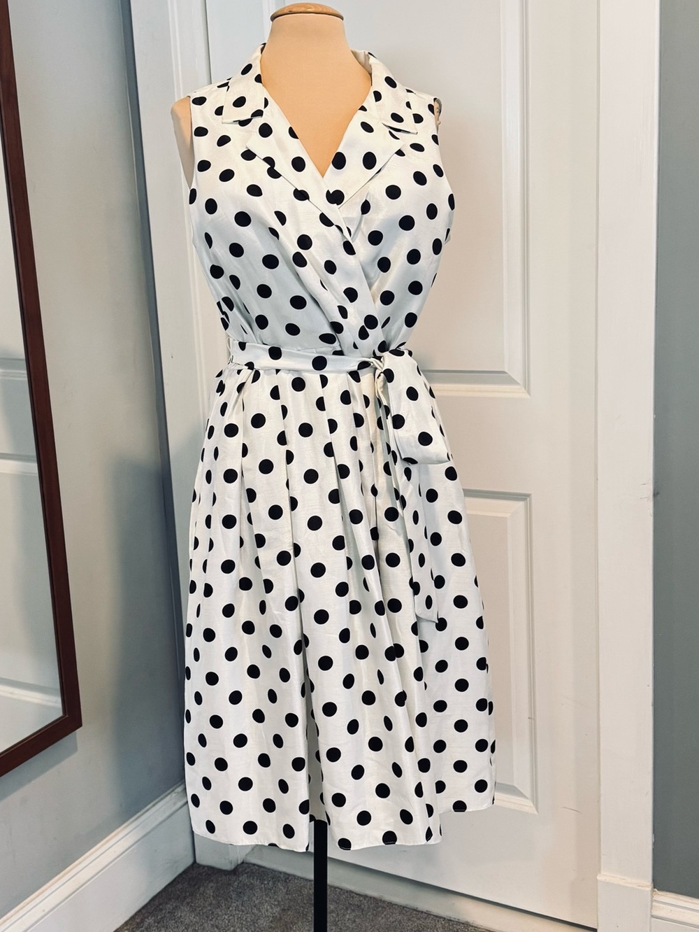 Jessica Howard Black White Polka Dot Faux Wrap Sleeveless Mid Fit Flare Dress 18 - Picture 2 of 12